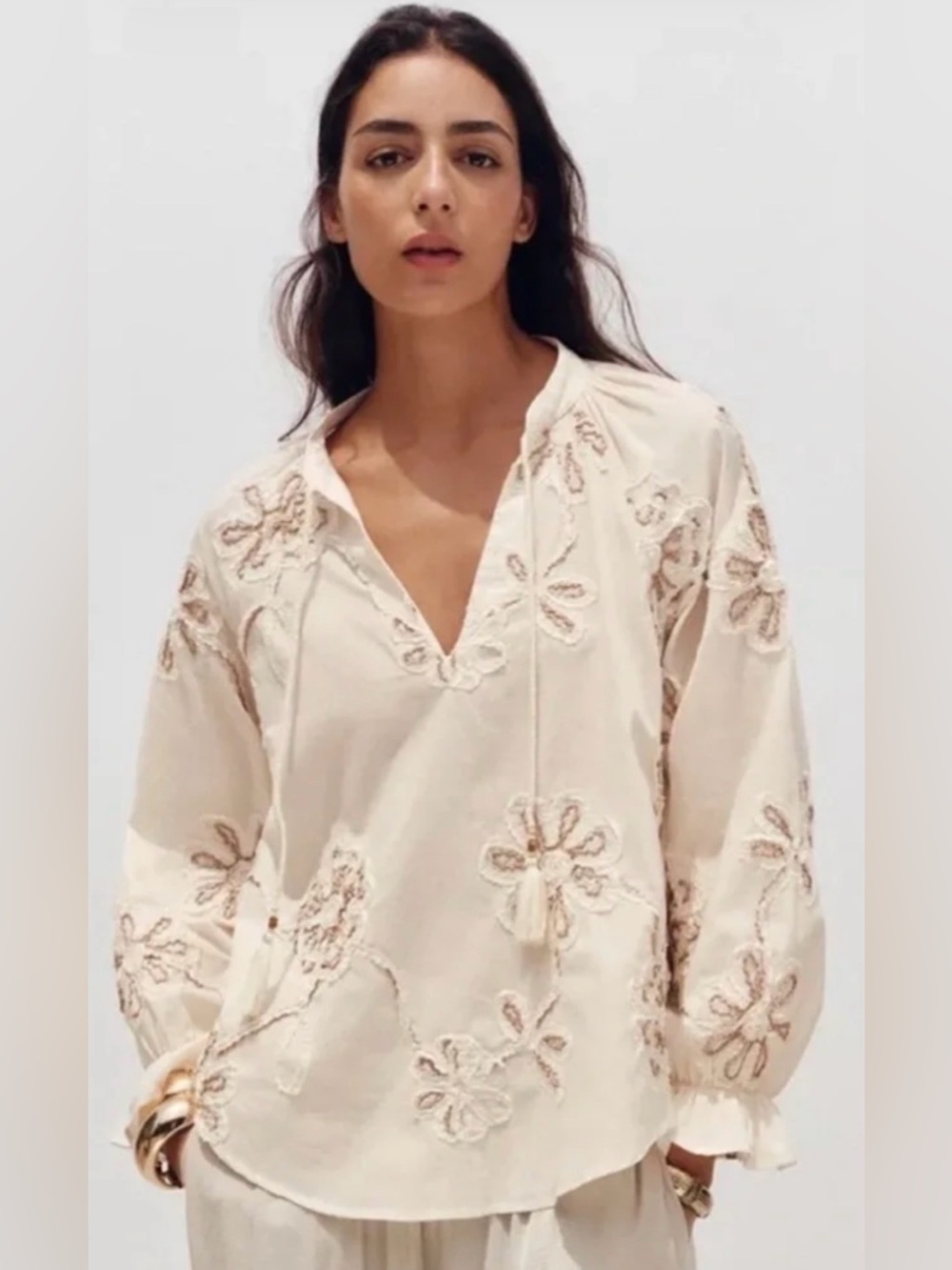 Zara Embroidered Blouse Breezy Textured Floral Top Ecru Size Small Oversized